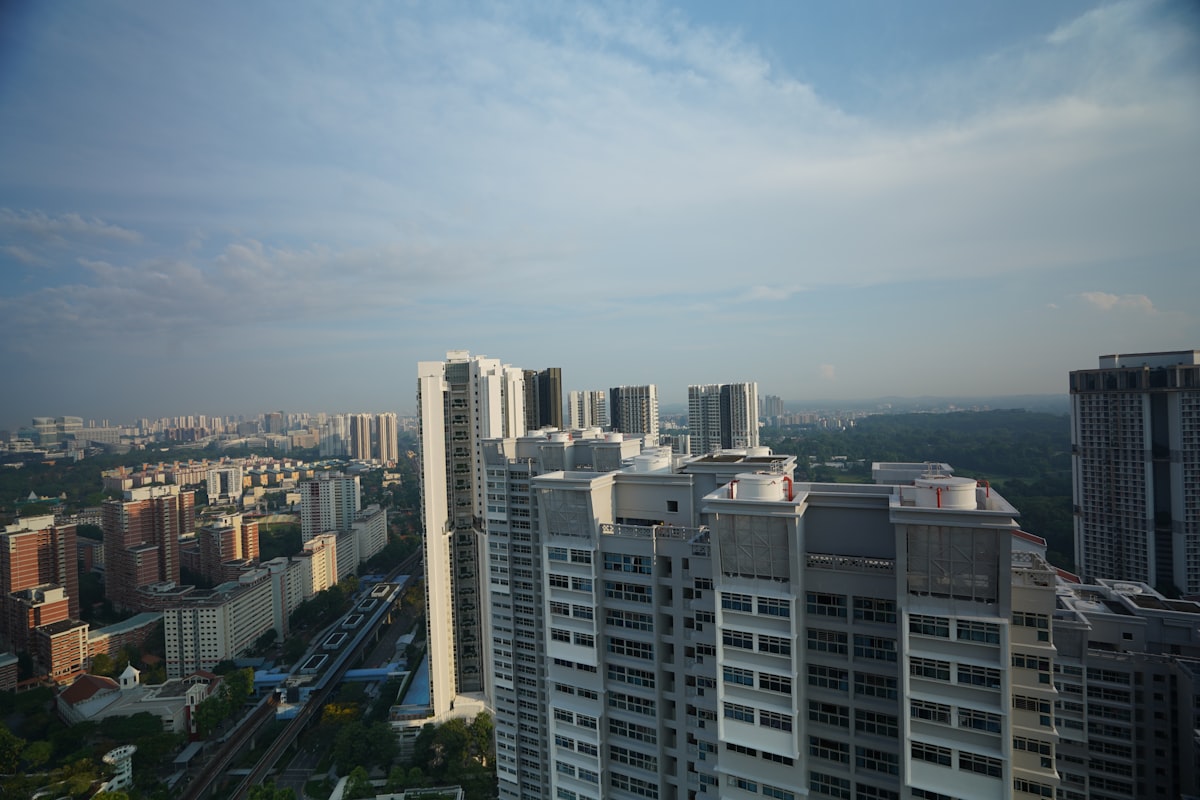 Aerial view of colourful HDB apartment blocks in a Singapore residential estate