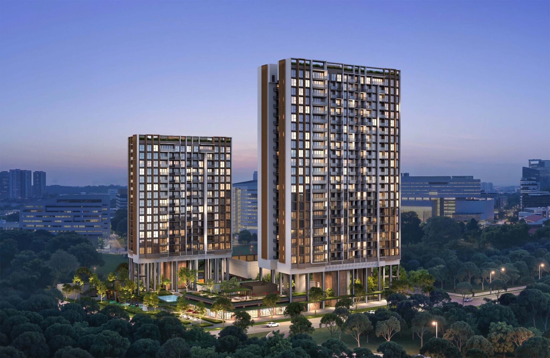 Hudson Place one-north Residences official render showing two residential towers at Media Circle, District 5 Singapore