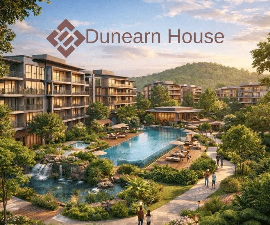 Dunearn House official render showing low-rise condo blocks with lush landscaping in the Turf City precinct near Bukit Timah Nature Reserve