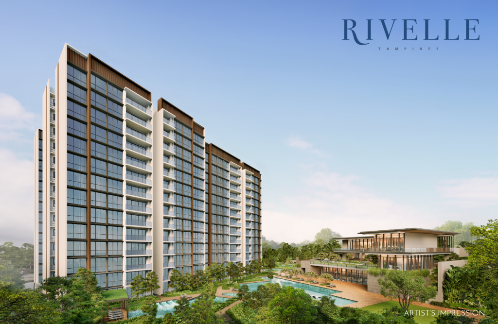 Aerial render of Rivelle Tampines EC showing 11 residential blocks with landscaped pool facilities in Tampines West