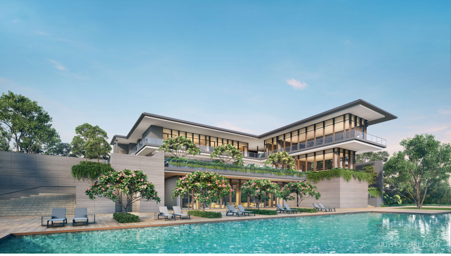Rivelle Tampines EC pool and clubhouse facilities surrounded by landscaped tropical gardens