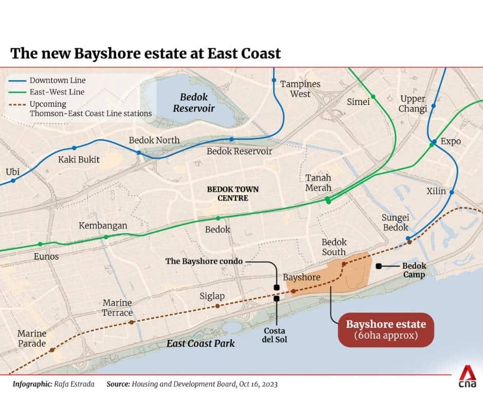 Map showing Vela Bay location relative to Bayshore MRT and Thomson-East Coast Line connectivity